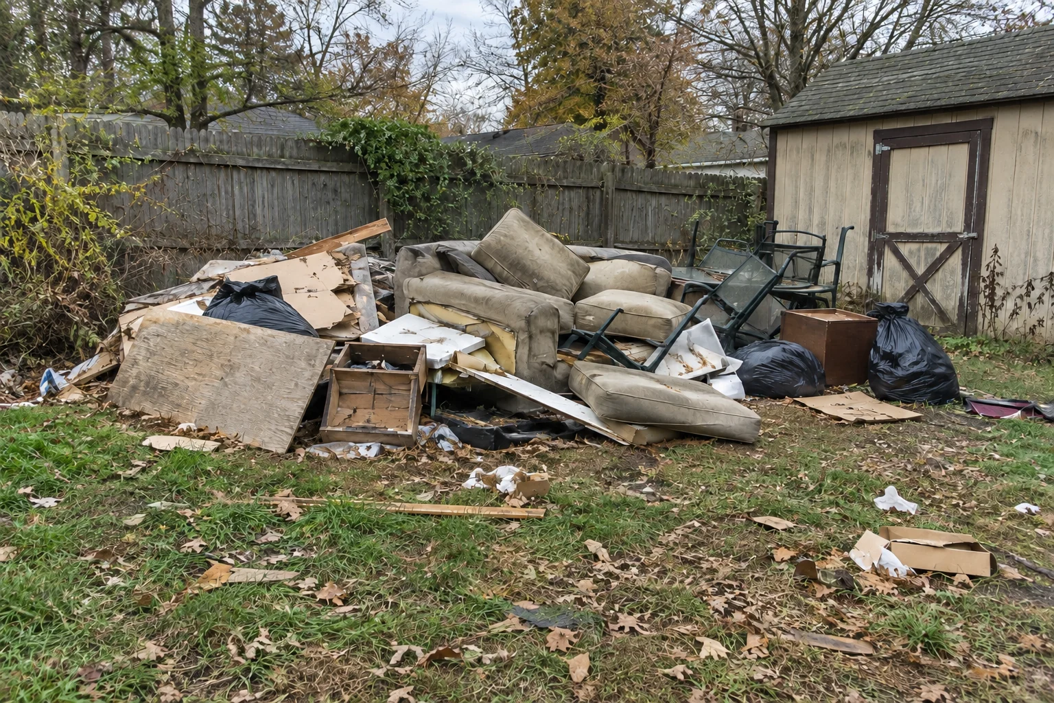 Illustrative backyard with discarded furniture, bags and debris