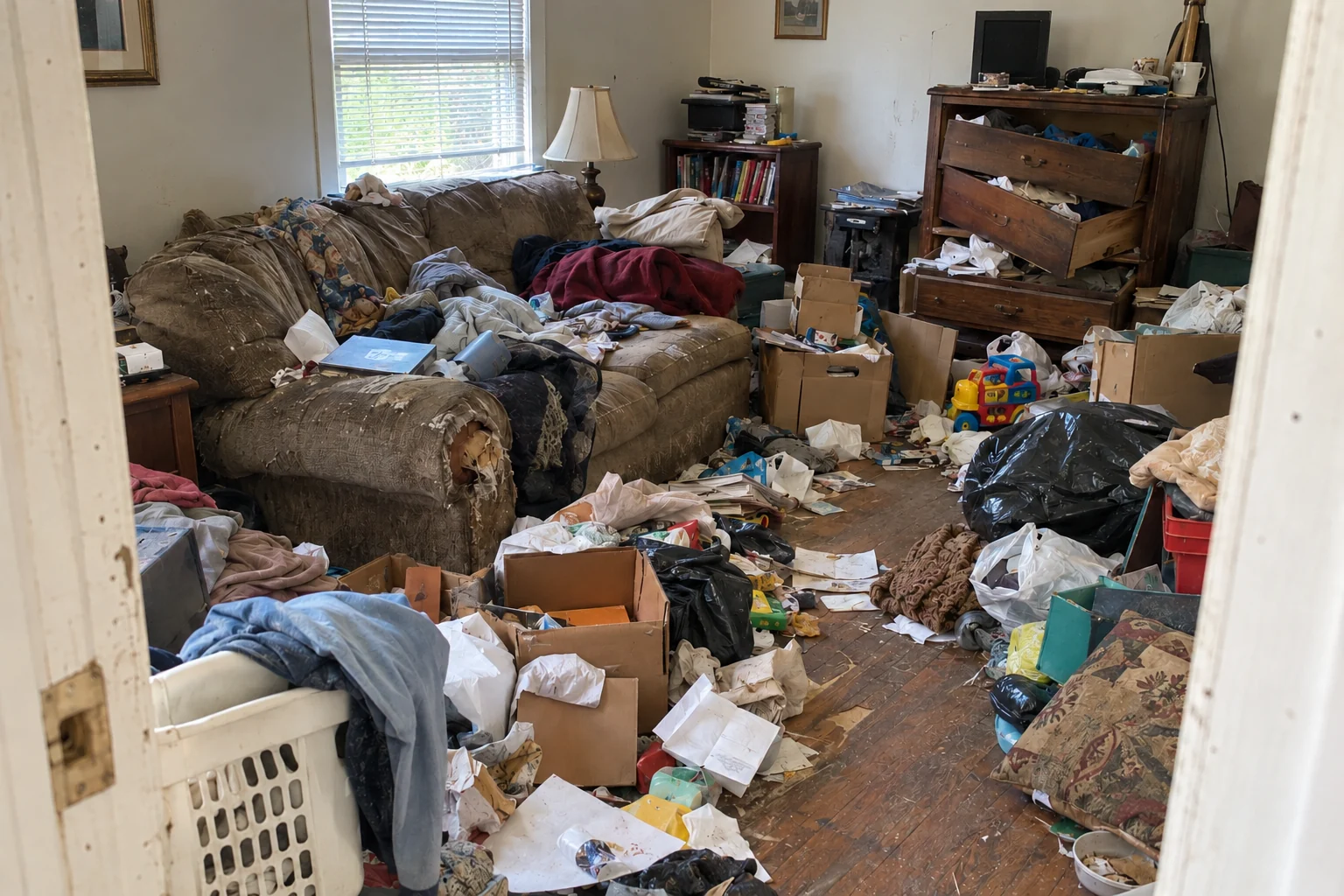 Illustrative living room with worn furniture and household clutter