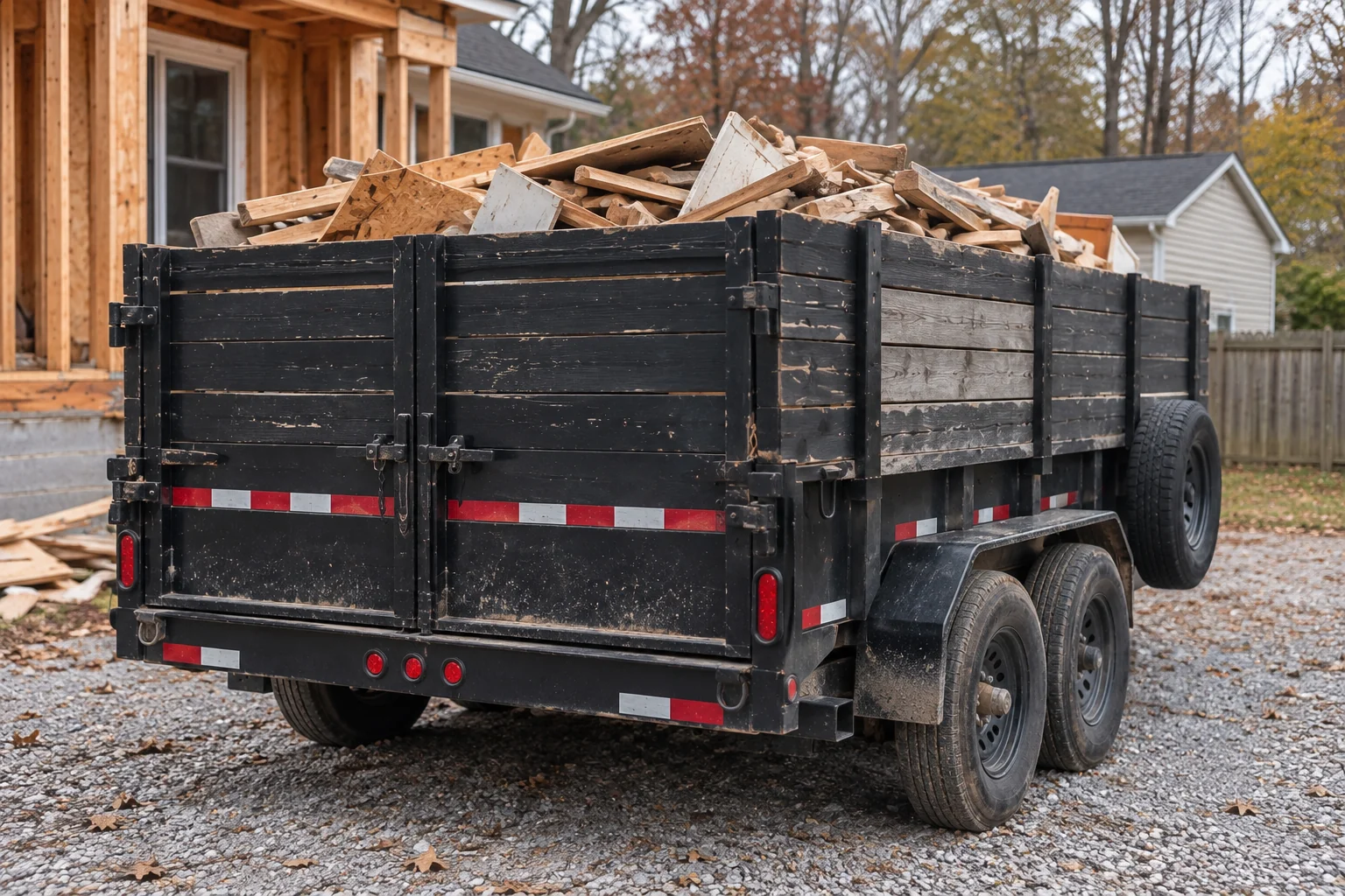 Illustrative rear view of a black dump trailer loaded with wood and construction debris